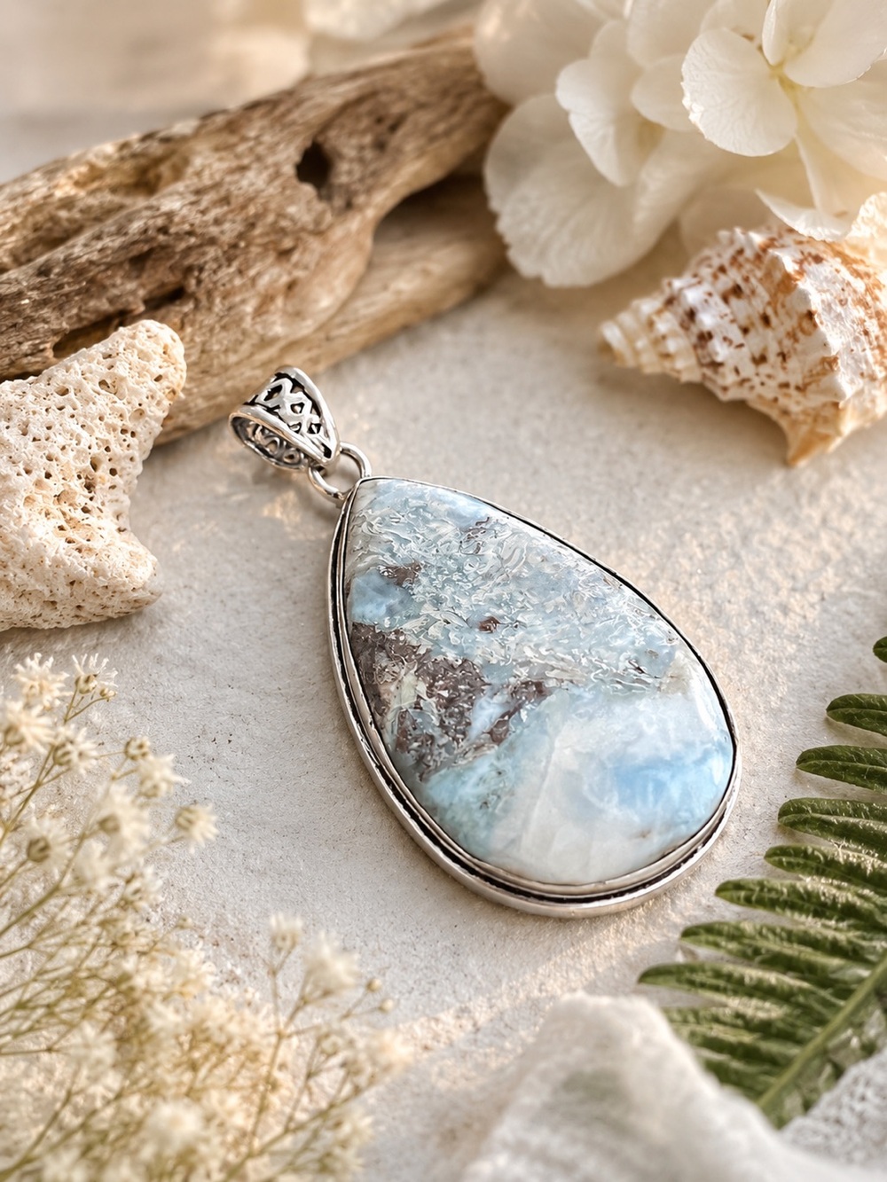 Huge XL Natural Caribbean Larimar Silver Necklace Pendant